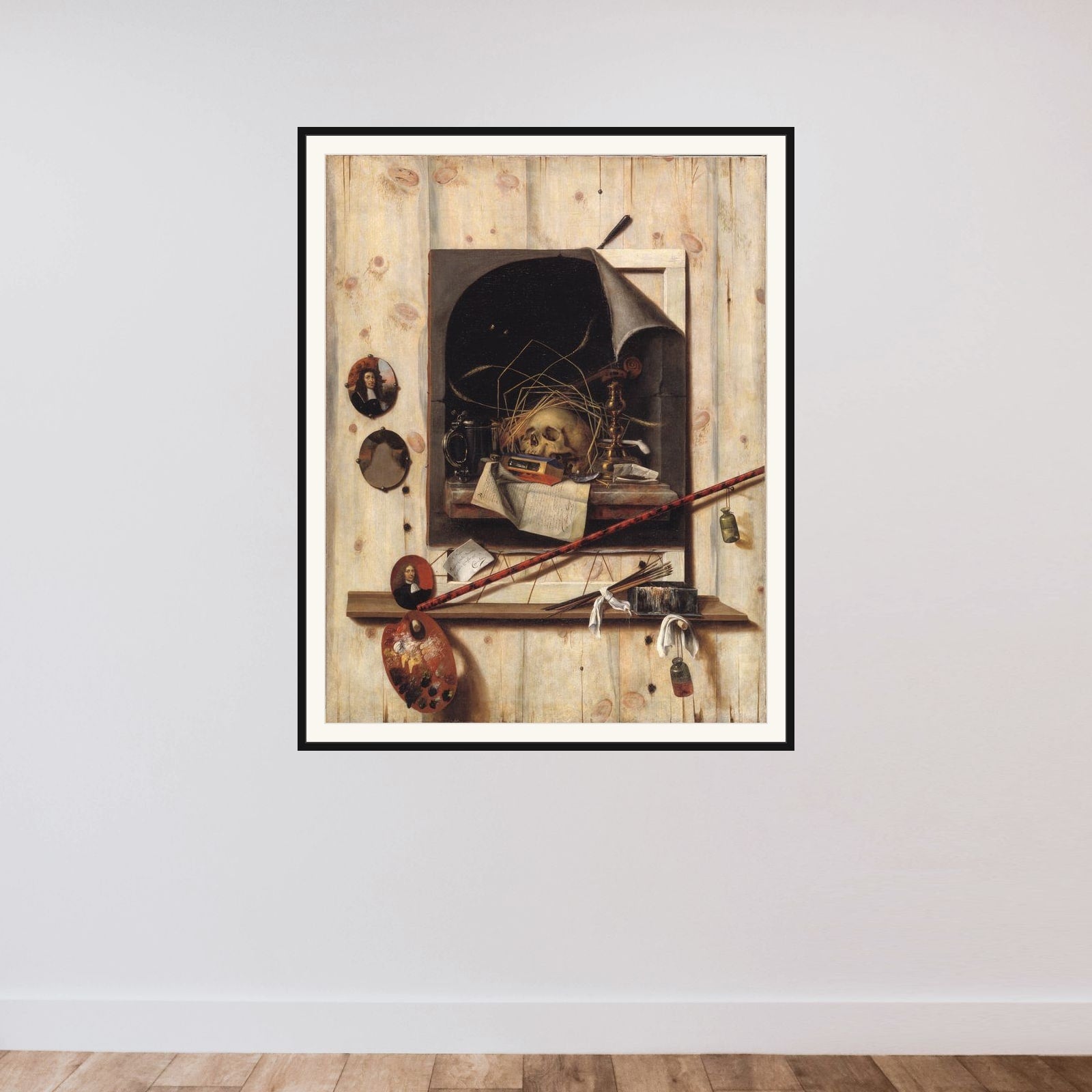 Trompe l'oeil med ateliervæg og vanitas-stilleben framed — shown to scale