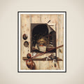 Trompe l'oeil med ateliervæg og vanitas-stilleben framed