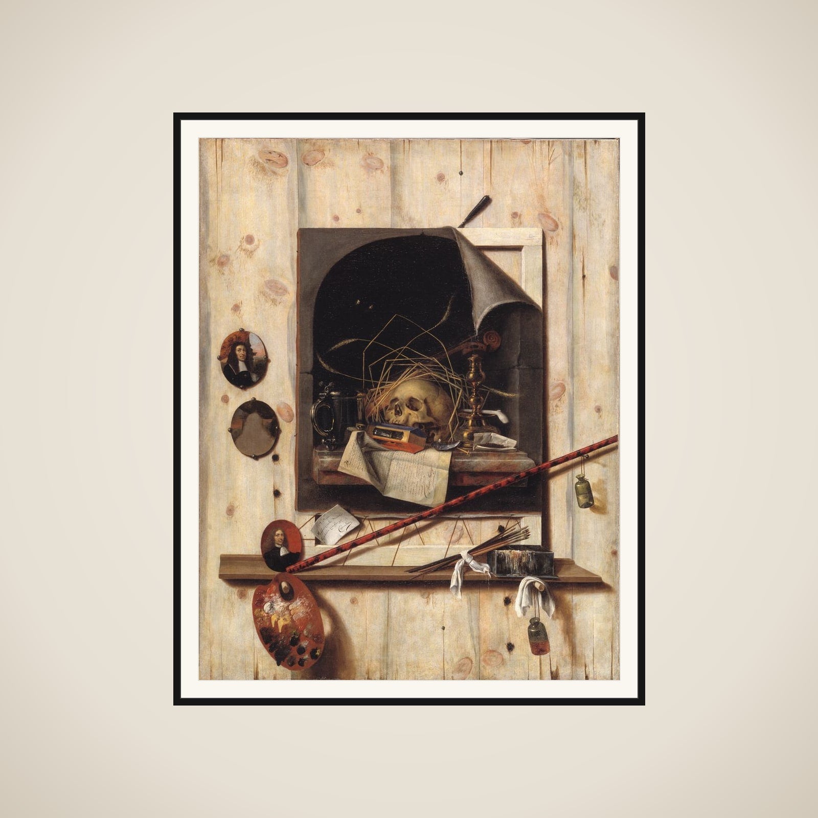 Trompe l'oeil med ateliervæg og vanitas-stilleben framed