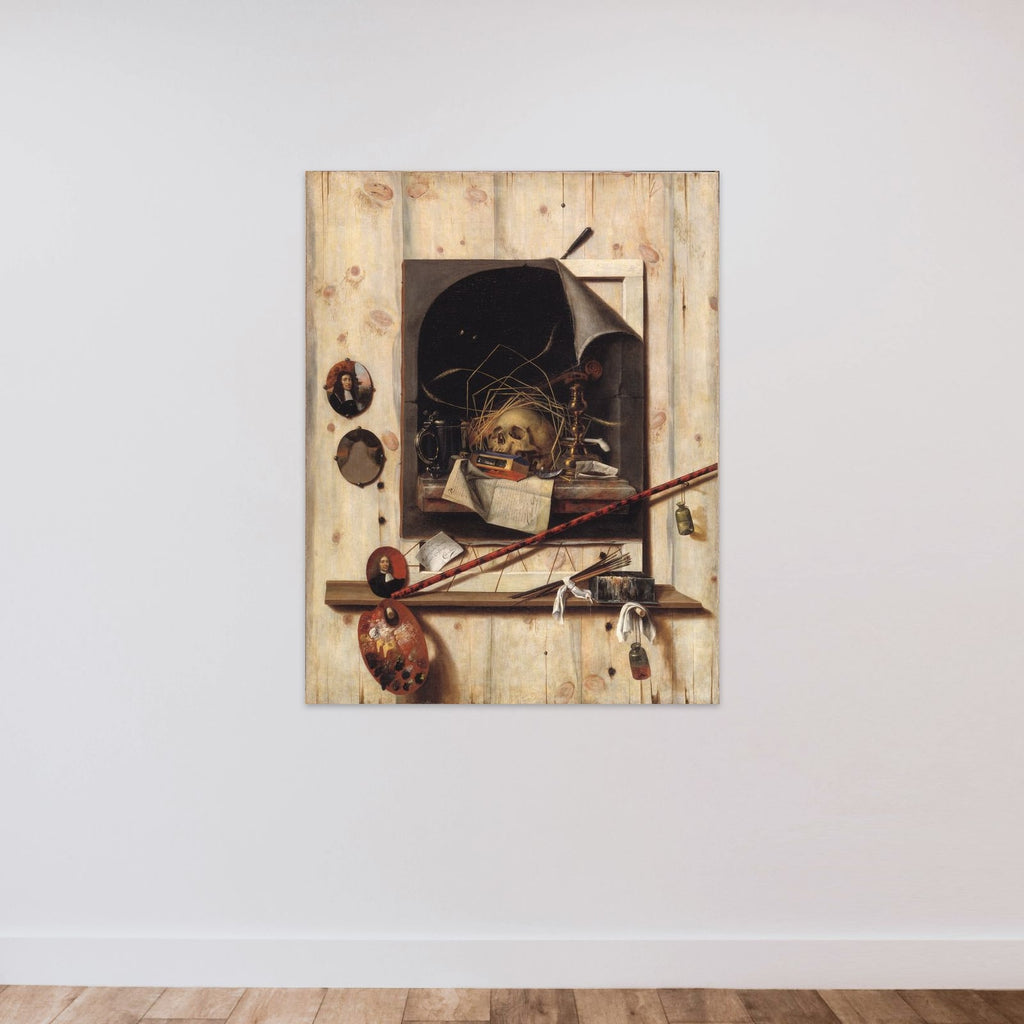 Trompe l'oeil med ateliervæg og vanitas-stilleben unframed — shown to scale