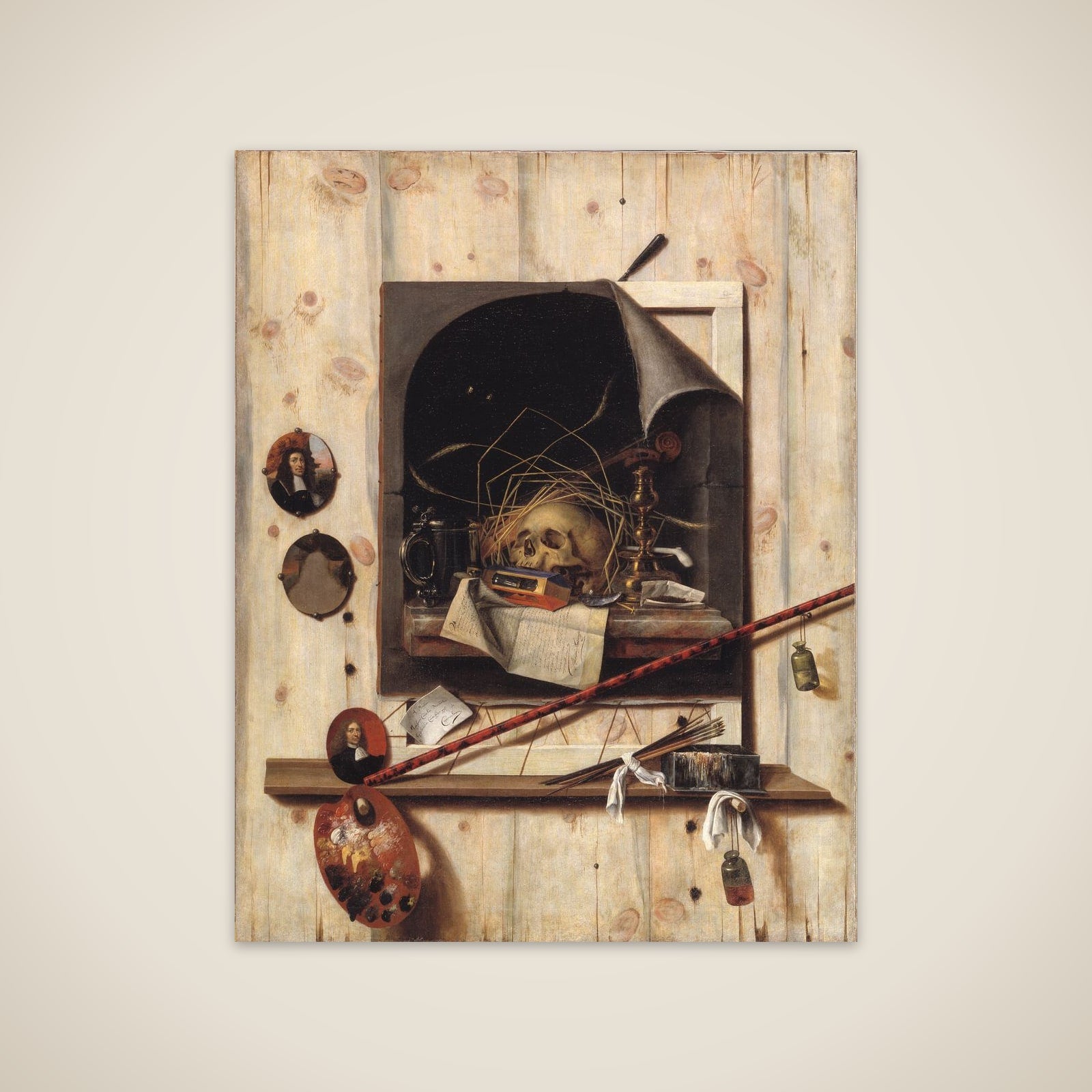 Trompe l'oeil med ateliervæg og vanitas-stilleben unframed print