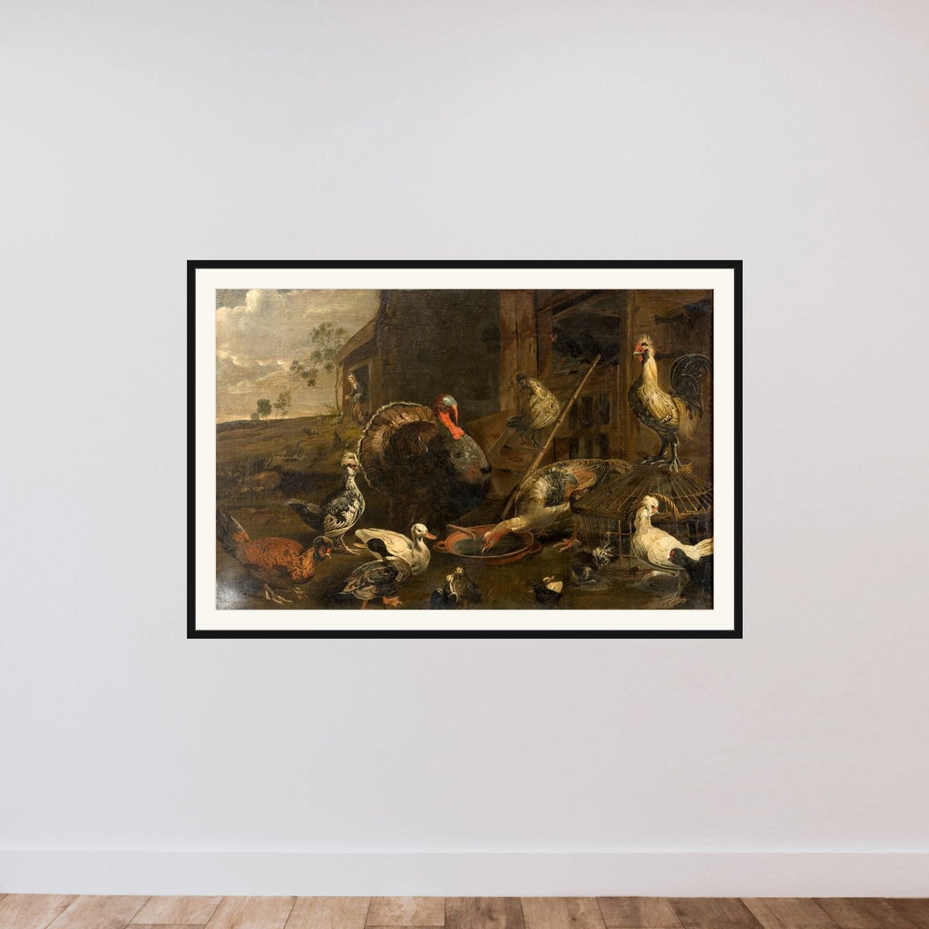 Høns, ænder og en kalkunsk hane framed — shown to scale