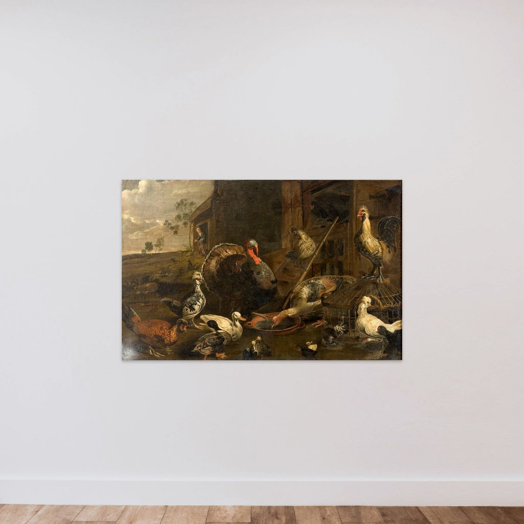 Høns, ænder og en kalkunsk hane unframed — shown to scale