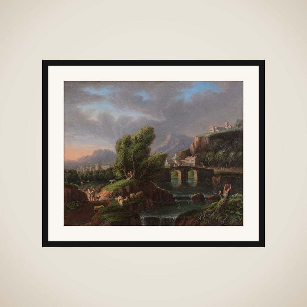 Et landskab med et vandfald og en stenbro framed