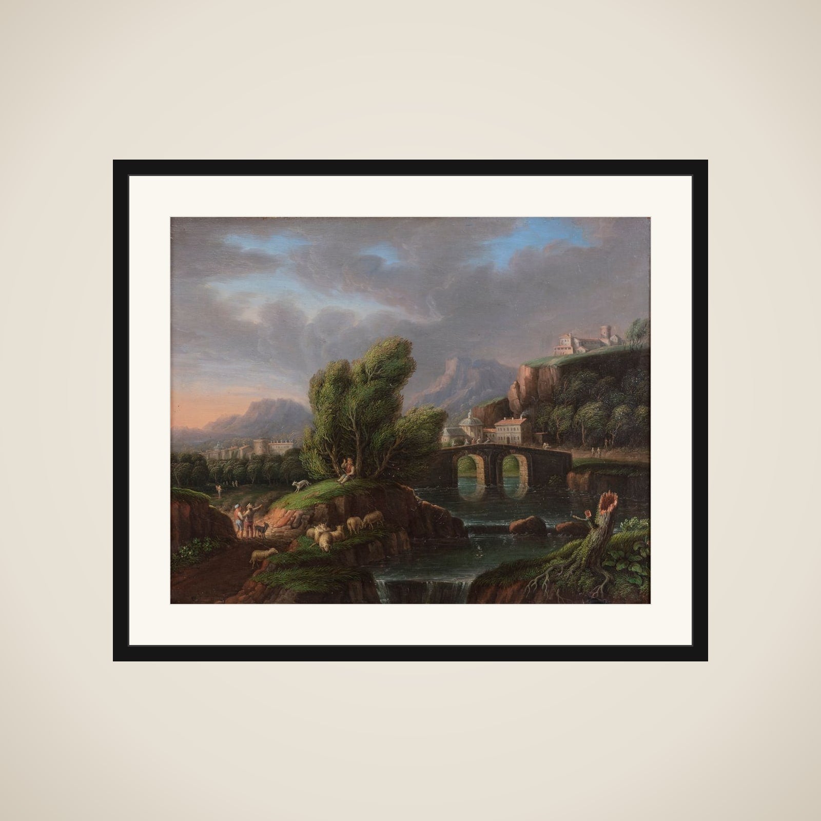 Et landskab med et vandfald og en stenbro framed