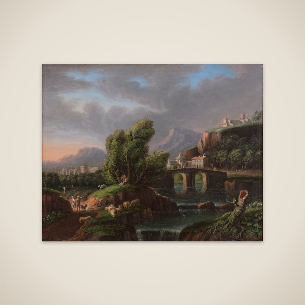 Et landskab med et vandfald og en stenbro unframed print