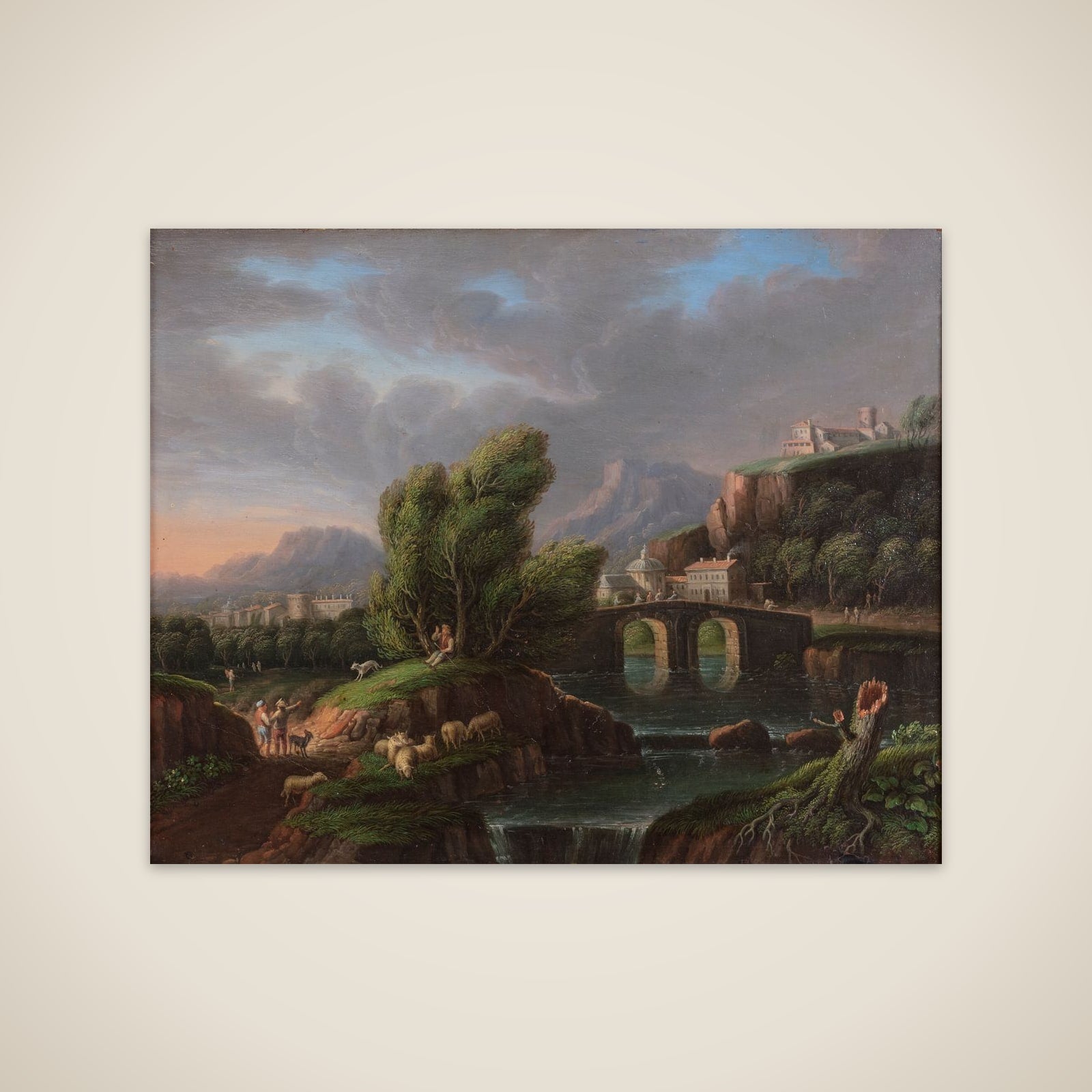 Et landskab med et vandfald og en stenbro unframed print