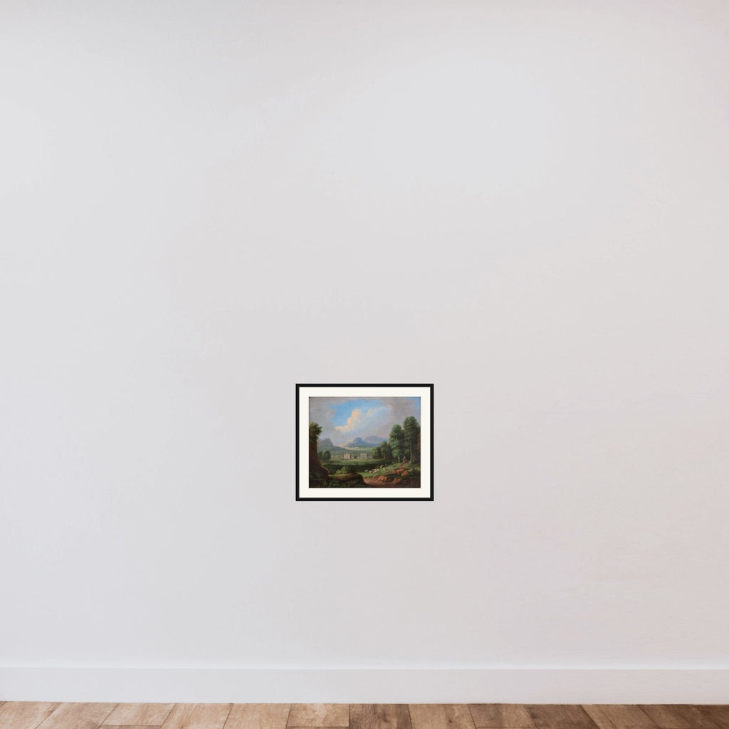 Et landskab med villaer i mellemgrunden og bjerge i baggrunden framed — shown to scale