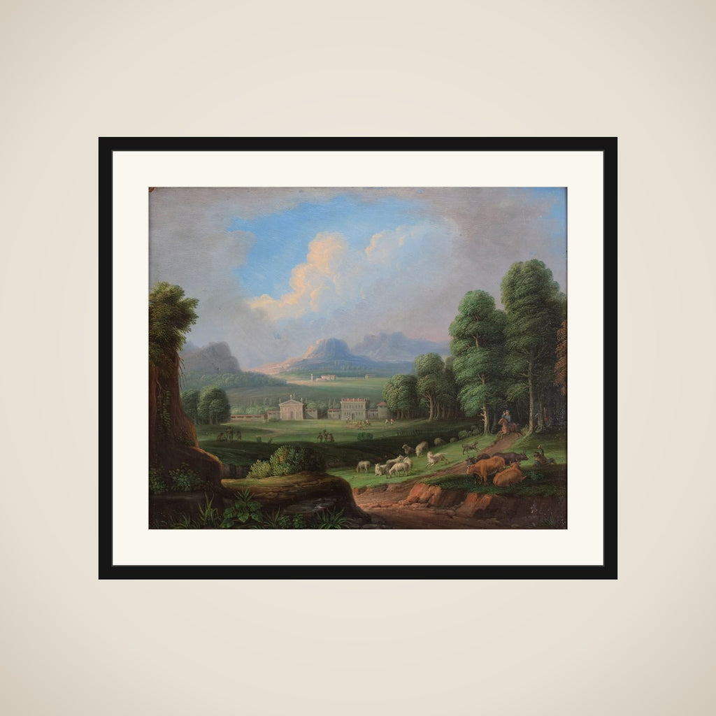 Et landskab med villaer i mellemgrunden og bjerge i baggrunden framed