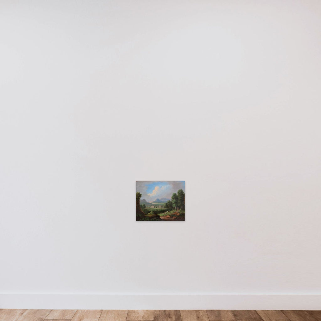 Et landskab med villaer i mellemgrunden og bjerge i baggrunden unframed — shown to scale