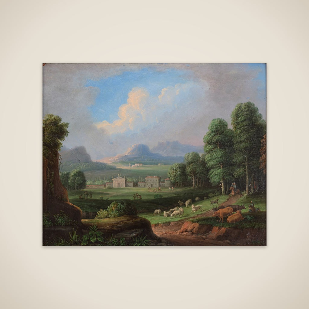 Et landskab med villaer i mellemgrunden og bjerge i baggrunden unframed print