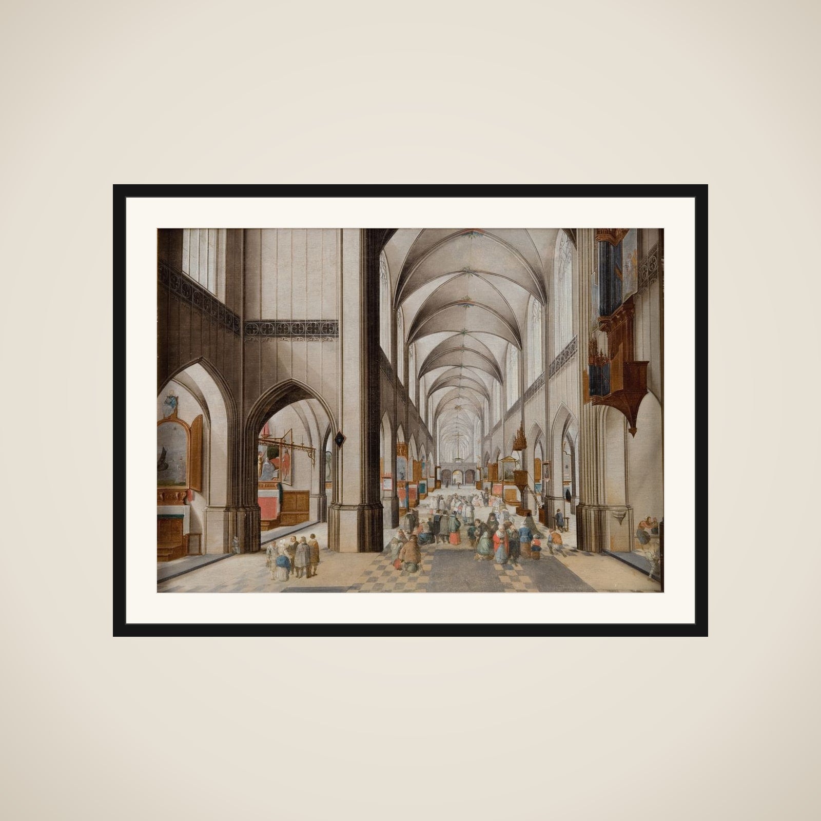 Interiør af en treskibet gotisk kirke set mod øst, under en prædiken framed