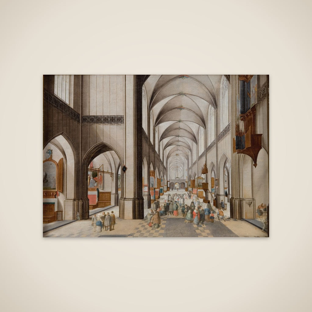 Interiør af en treskibet gotisk kirke set mod øst, under en prædiken unframed print