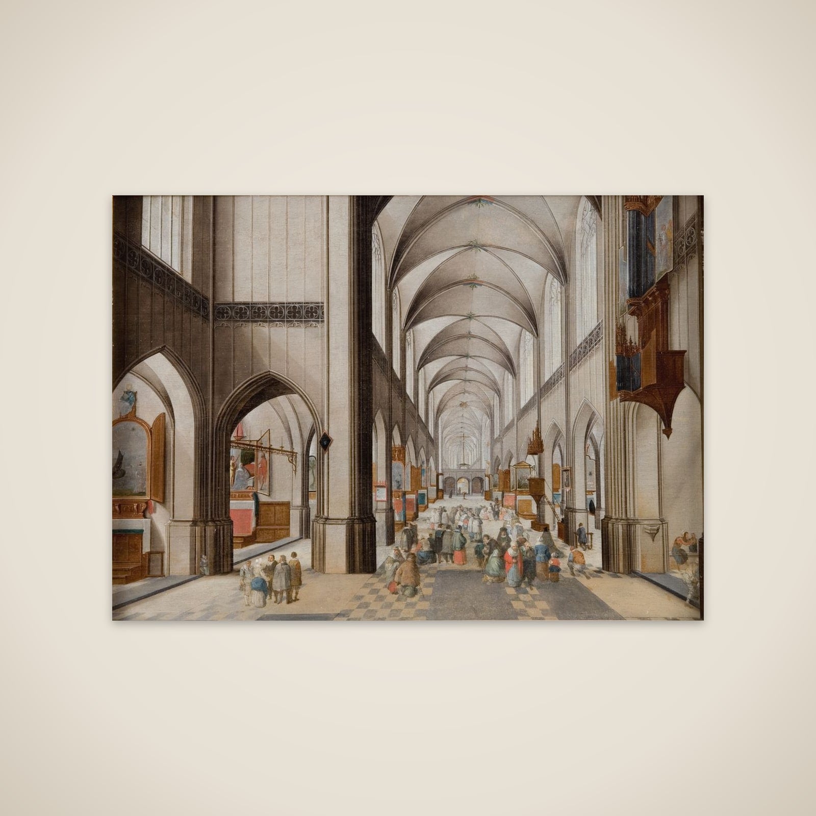 Interiør af en treskibet gotisk kirke set mod øst, under en prædiken unframed print