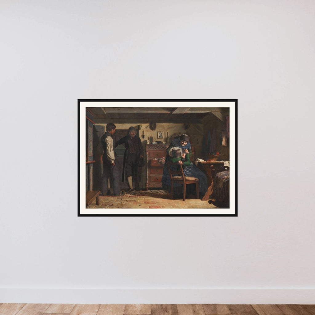 Landsbysnedkeren bringer kisten til det døde barn framed — shown to scale