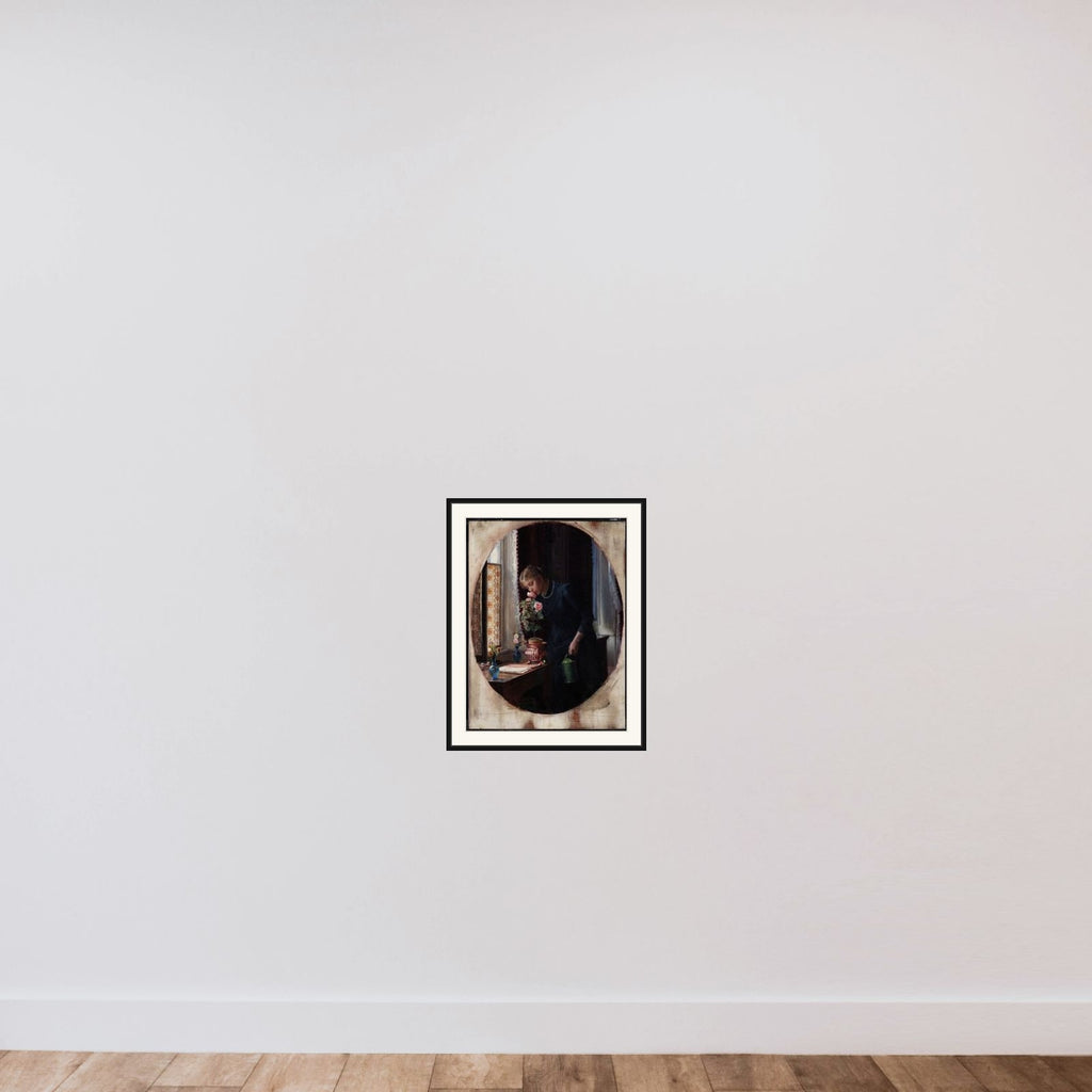 En ung pige, der lugter til en rose framed — shown to scale