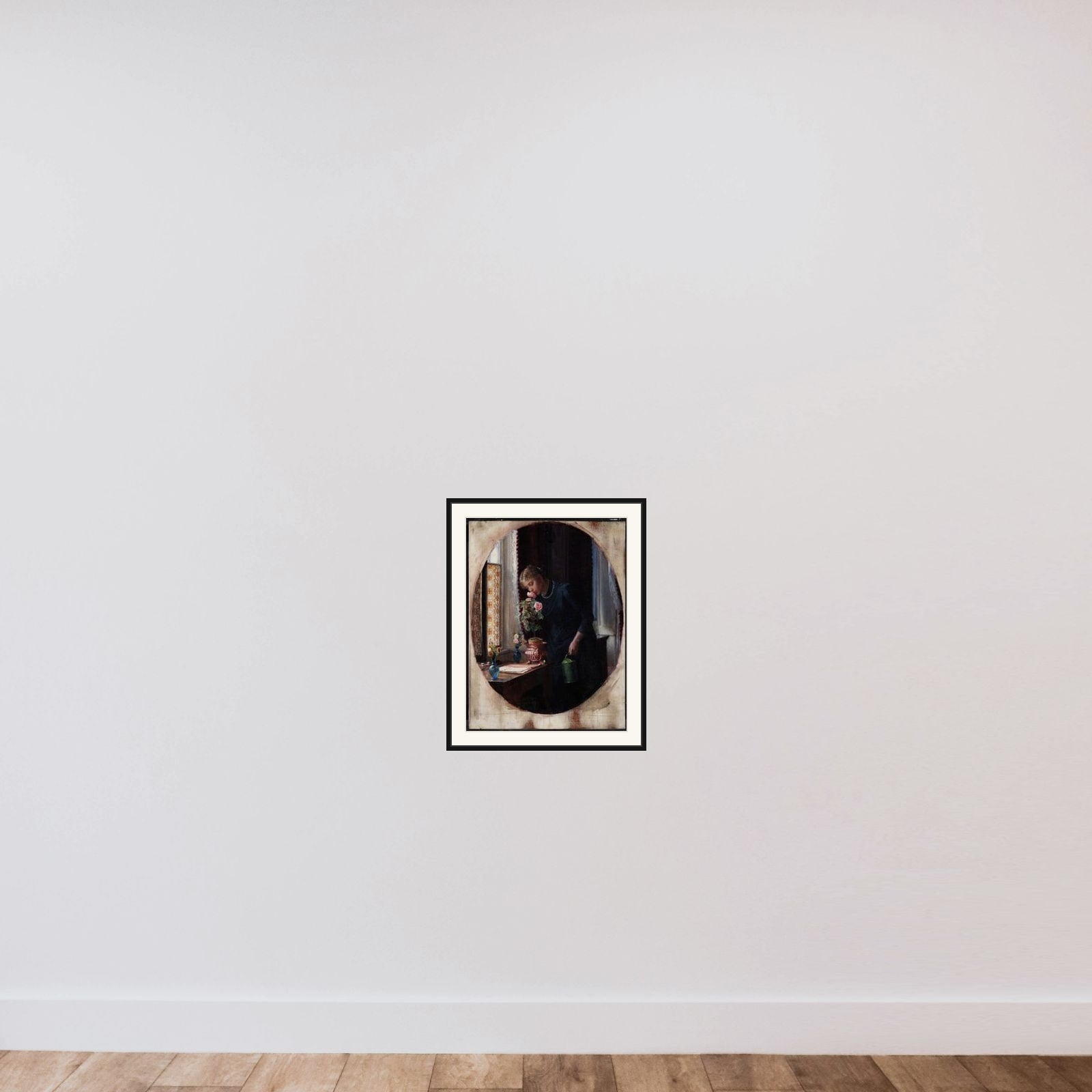 En ung pige, der lugter til en rose framed — shown to scale