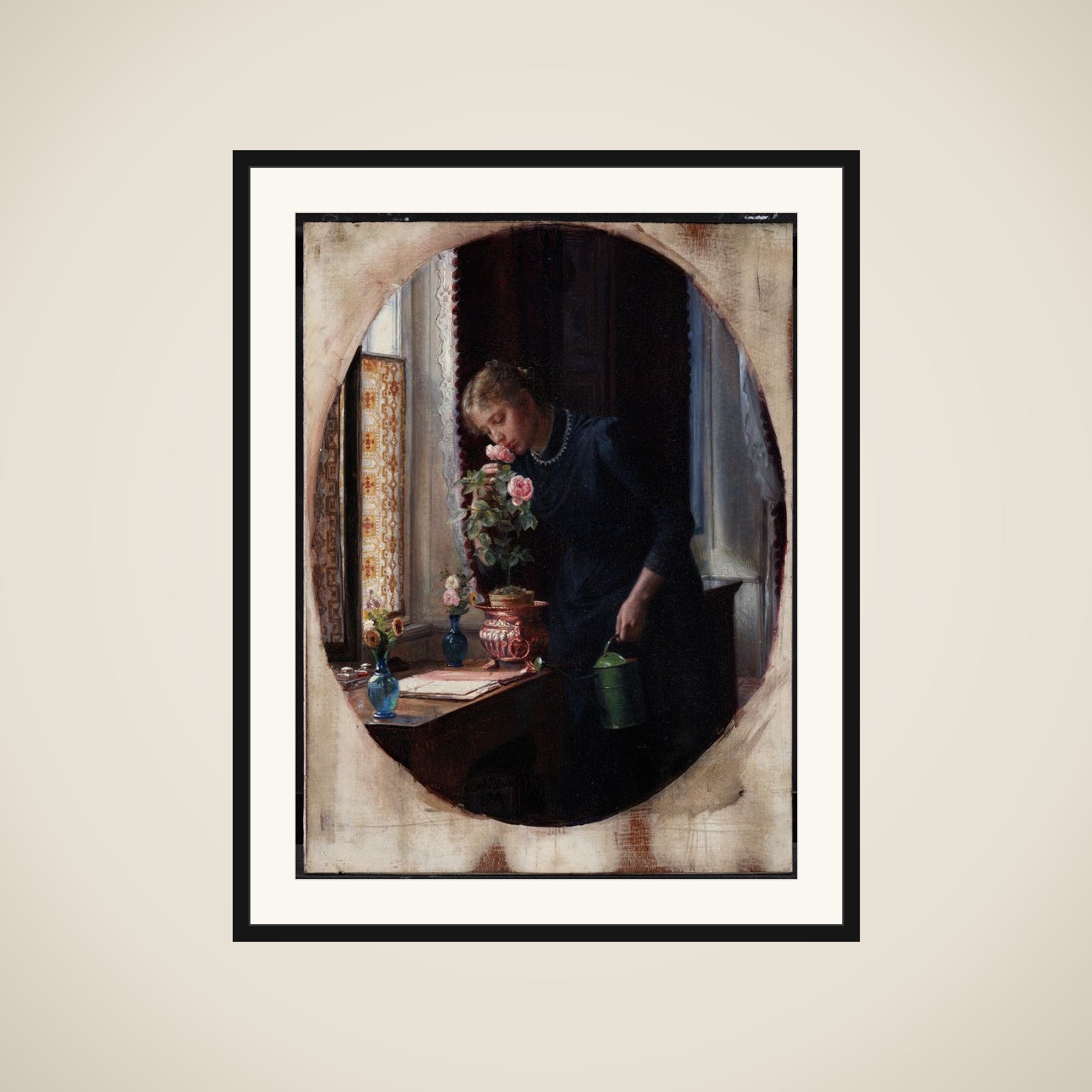 En ung pige, der lugter til en rose framed