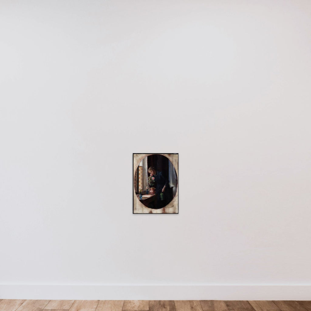 En ung pige, der lugter til en rose unframed — shown to scale