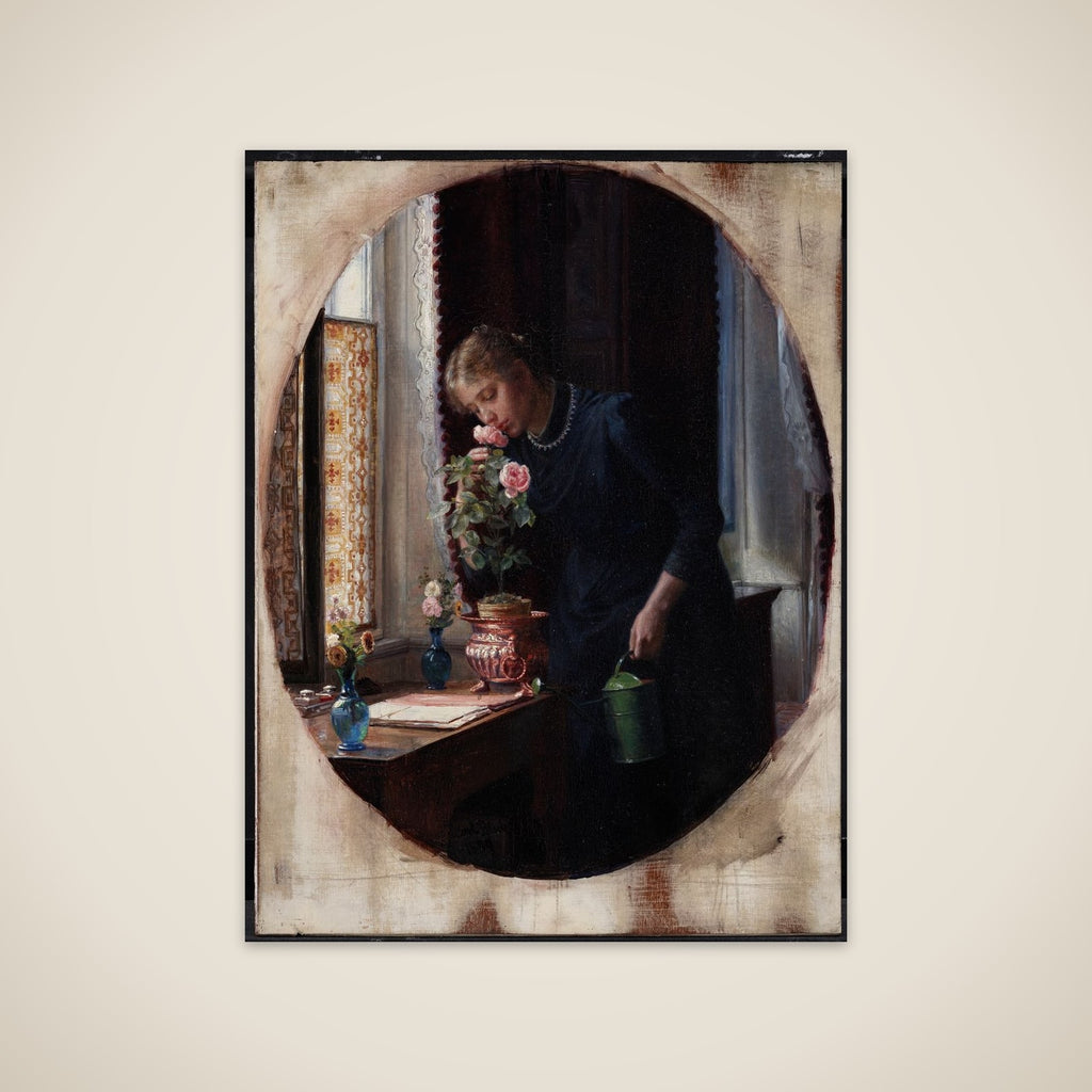 En ung pige, der lugter til en rose unframed print
