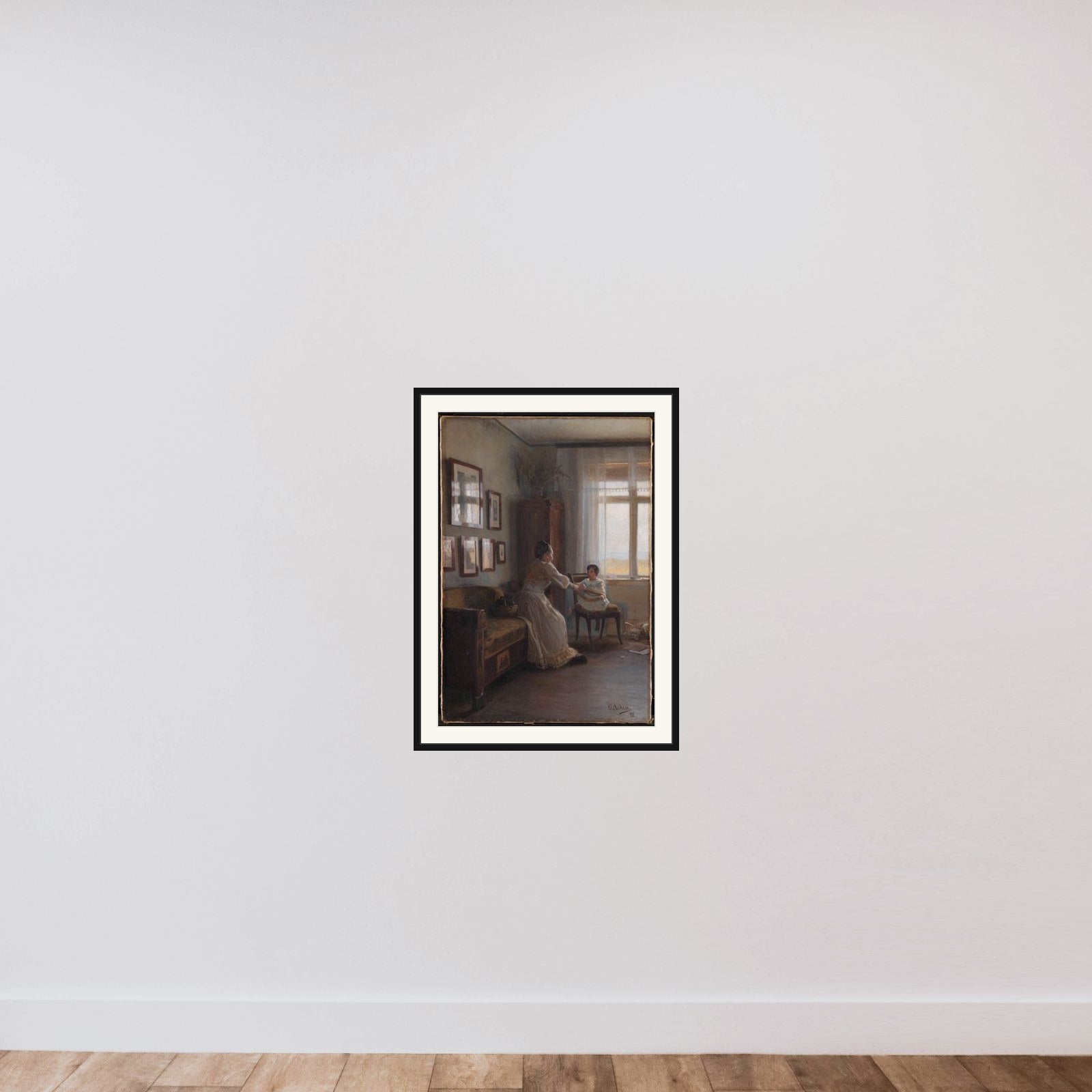 Interiør med kunstnerens hustru og barn framed — shown to scale