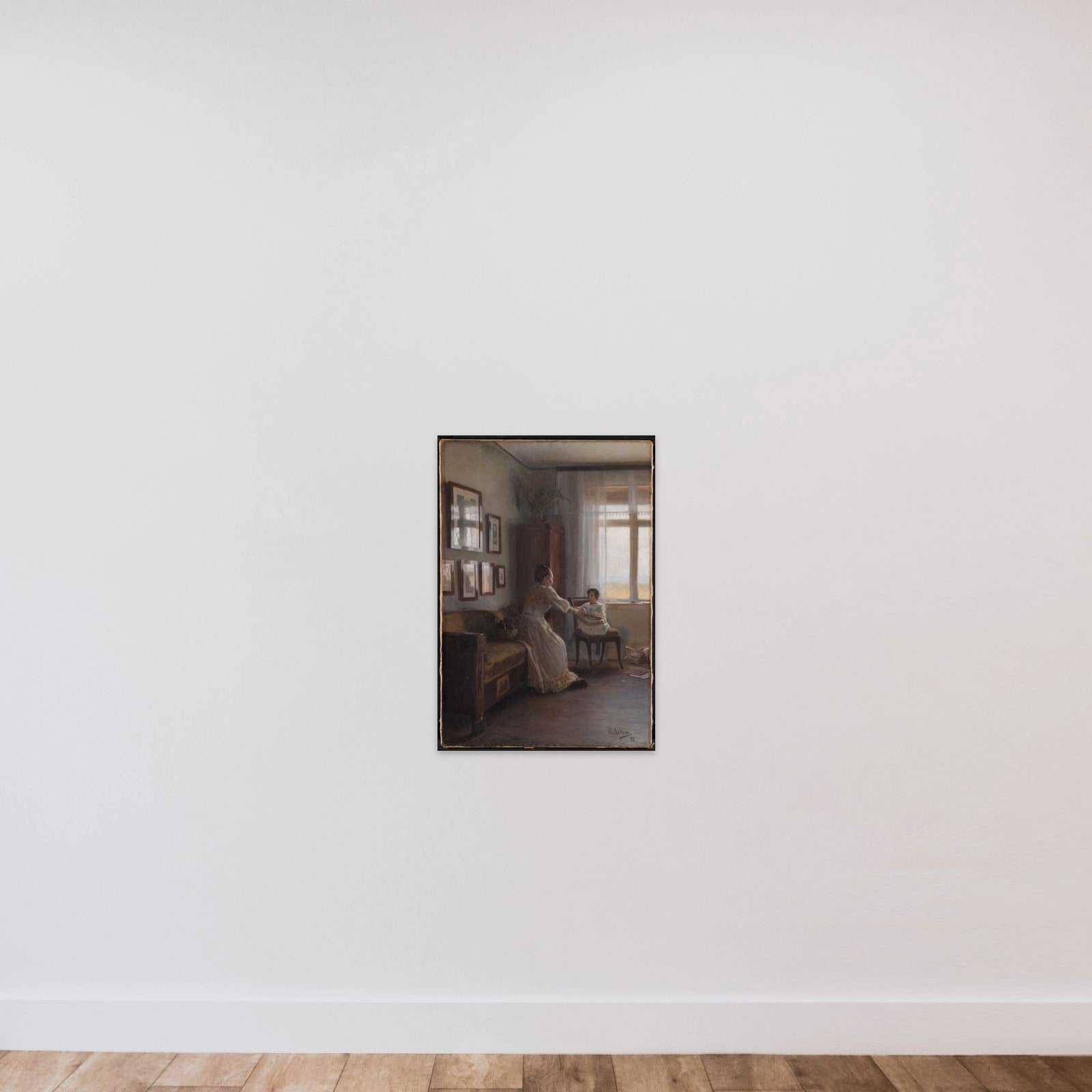 Interiør med kunstnerens hustru og barn unframed — shown to scale