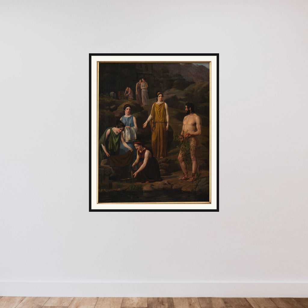 Nausikaa bringer den skibbrudne Odysseus klæder framed — shown to scale