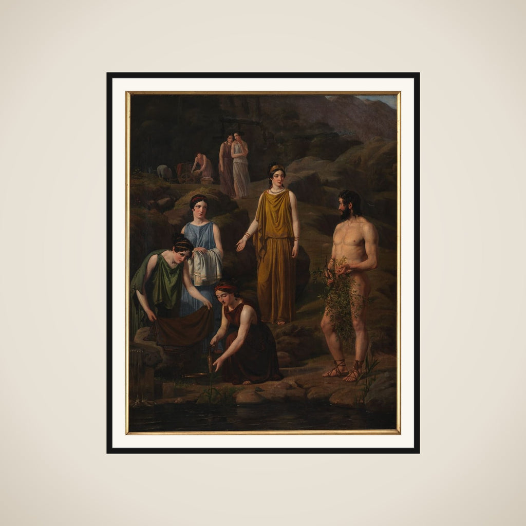 Nausikaa bringer den skibbrudne Odysseus klæder framed