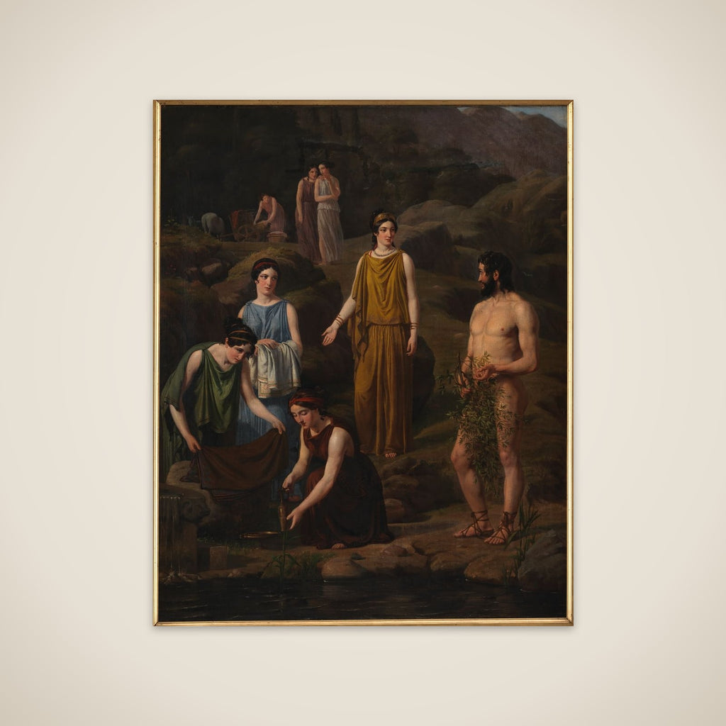 Nausikaa bringer den skibbrudne Odysseus klæder unframed print