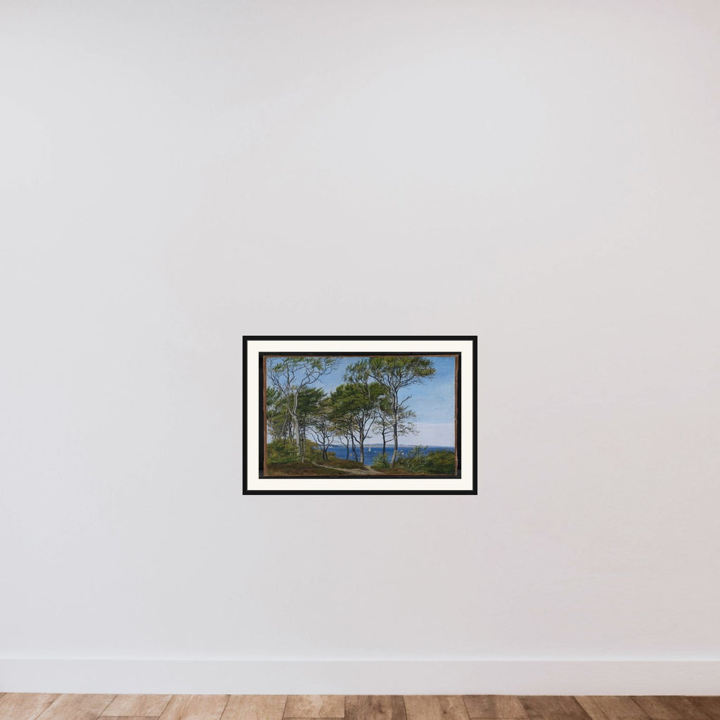 Udsigt mellem bøgestammer over en fjord framed — shown to scale