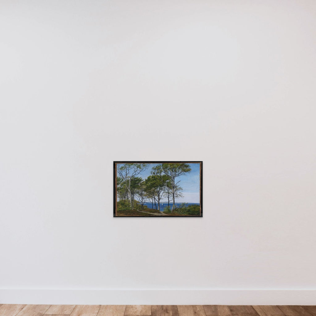 Udsigt mellem bøgestammer over en fjord unframed — shown to scale