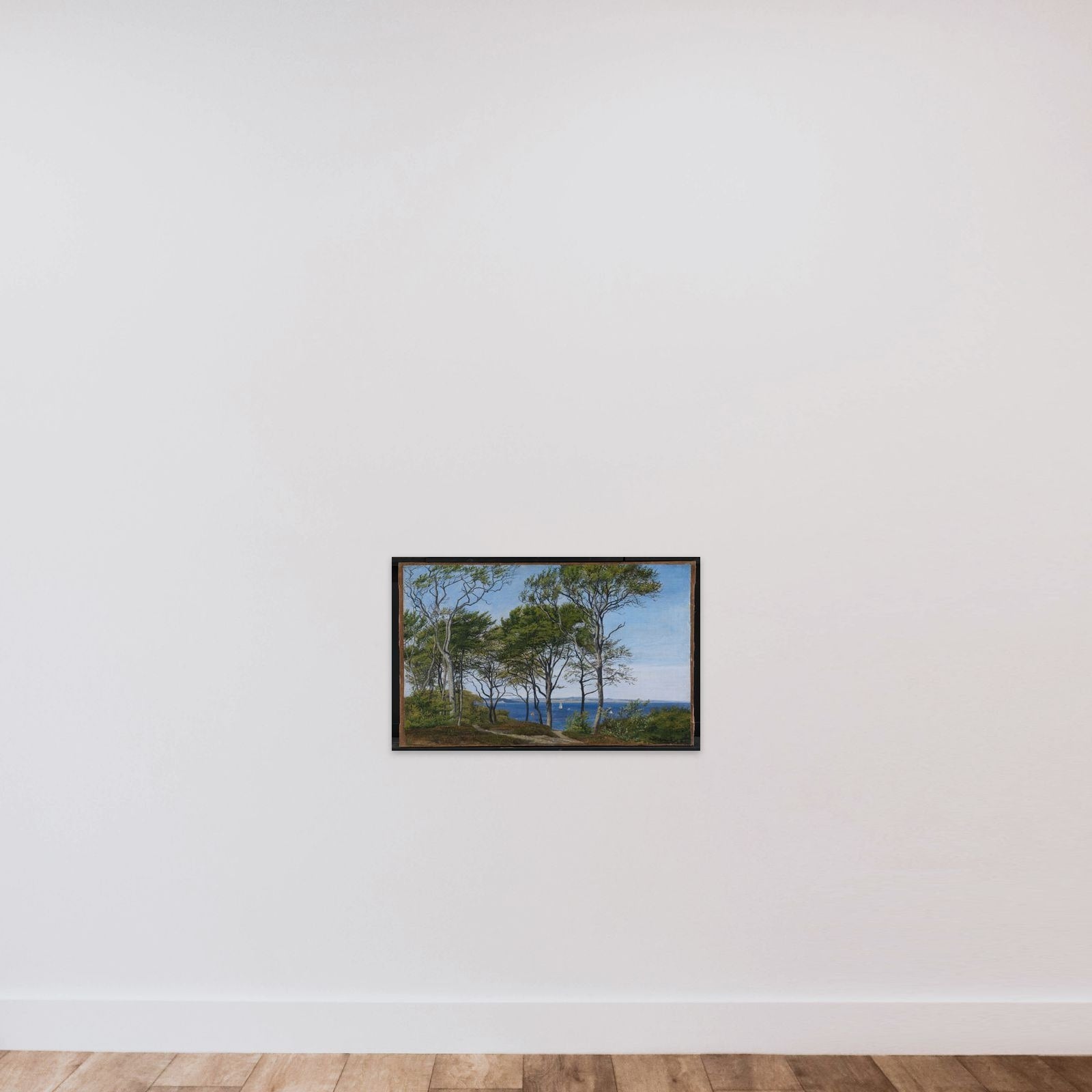 Udsigt mellem bøgestammer over en fjord unframed — shown to scale