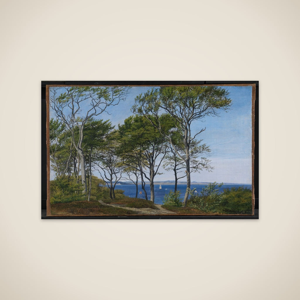 Udsigt mellem bøgestammer over en fjord unframed print