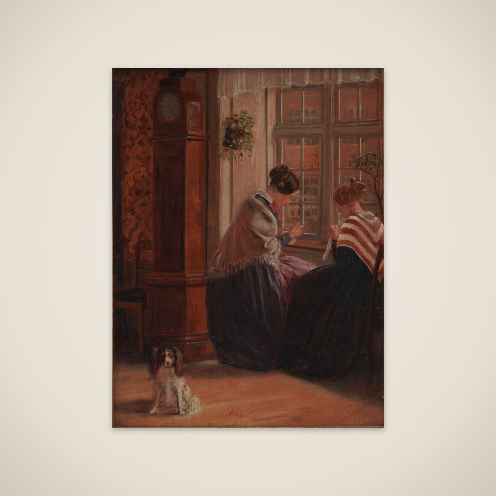 To damer sidder ved et vindue og syr unframed print