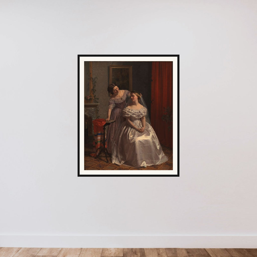 Bruden smykkes af sin veninde framed — shown to scale