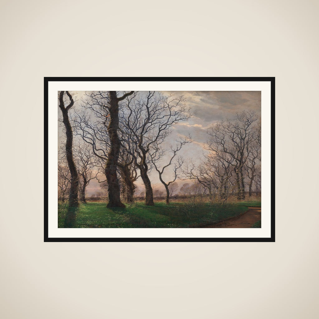 I udkanten af en egeskov en tidlig forårsmorgen framed