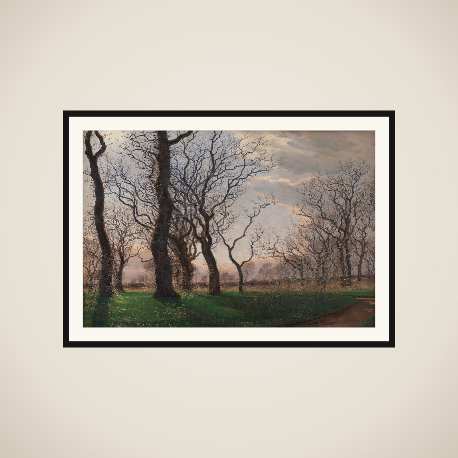 I udkanten af en egeskov en tidlig forårsmorgen framed