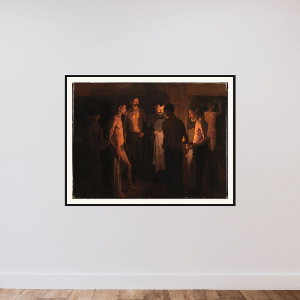 Ved sengetid i herberget framed — shown to scale